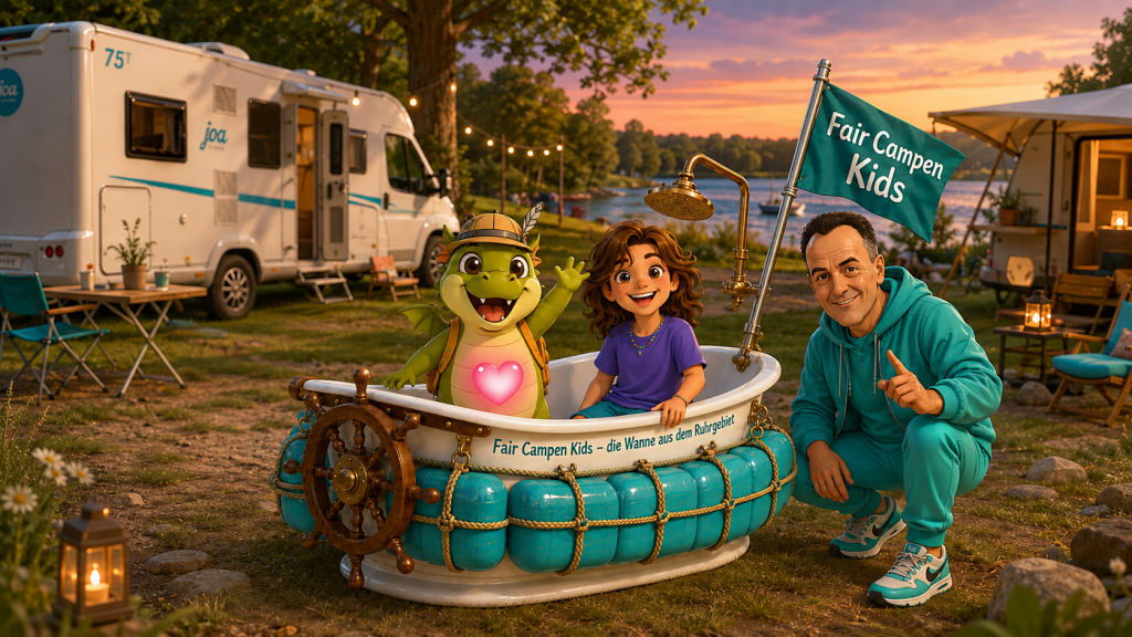 Fair Campen Kids mit Flämmchen und Henry auf dem Campingplatz