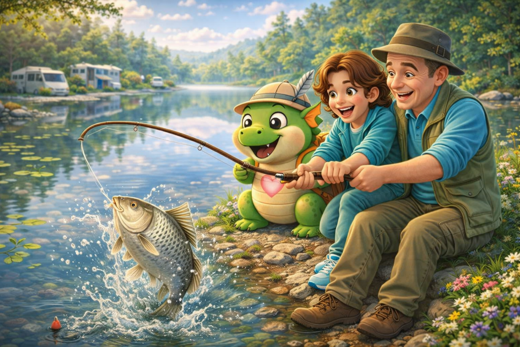 Fair Campen Kids – Flämmchen und Henry beim Angeln am See