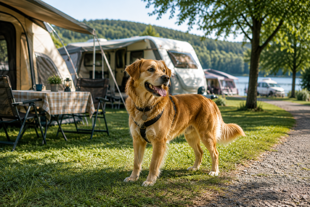 Hund entspannt auf einer grünen Campingwiese