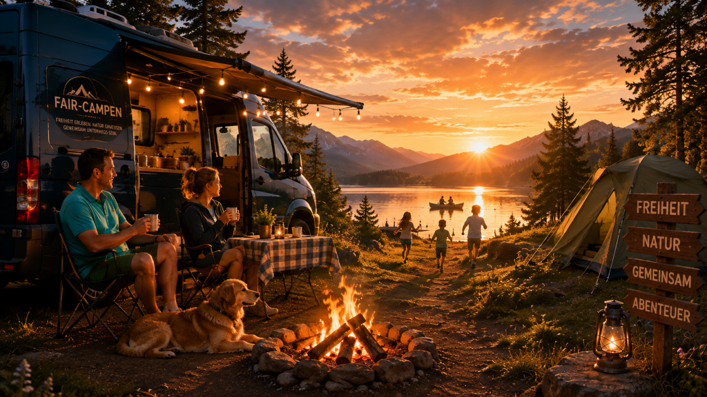 Camping mit Wohnmobil, Natur, Familie und Hund am See