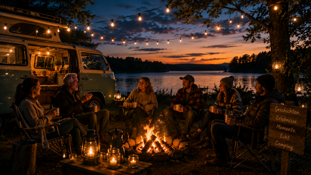 Camper erzählen am Lagerfeuer von ihren Erlebnissen und Reisen